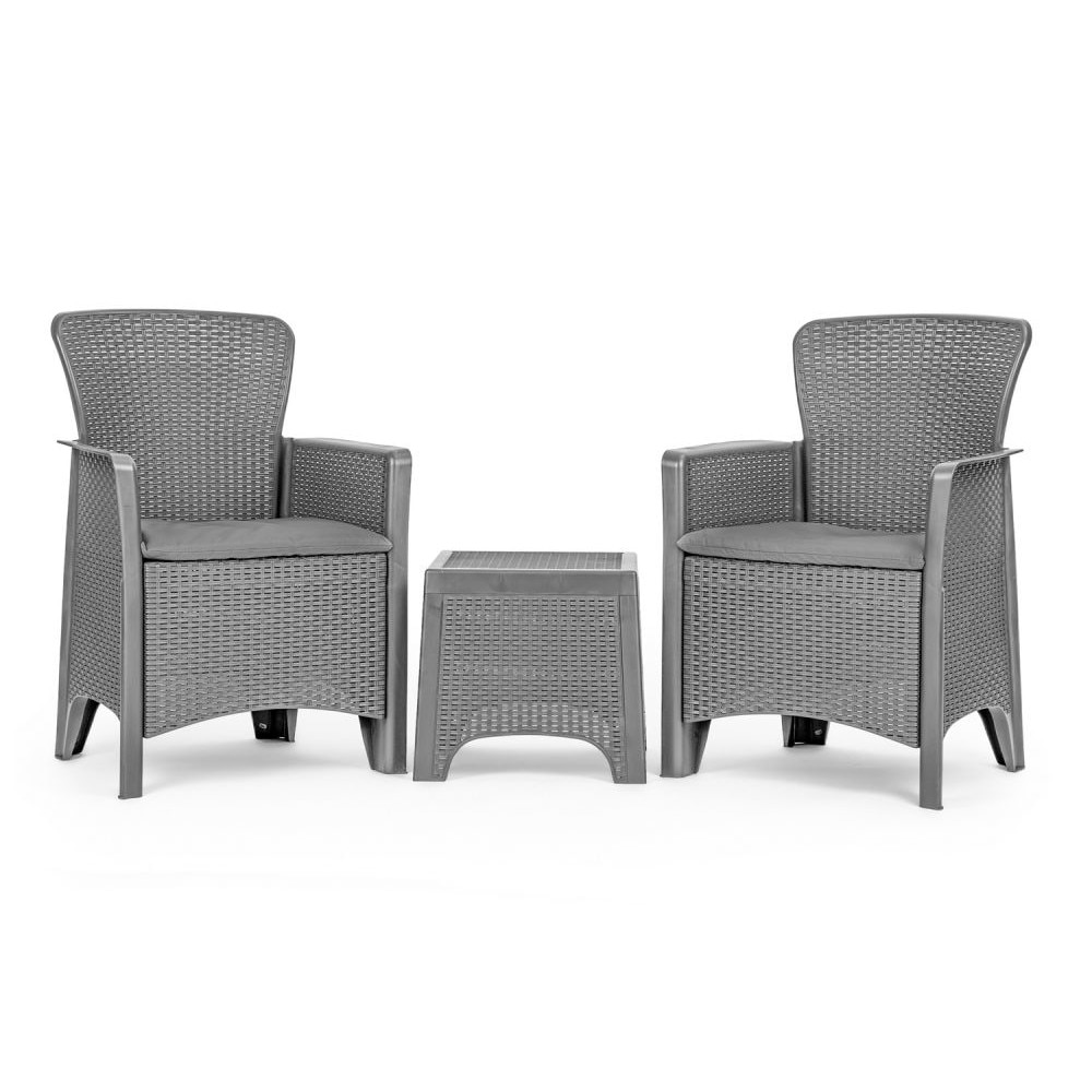 Set IMK pentru gradina, masa patrata, doua fotolii, perne incluse, gri, polipropilena, imitatie ratan