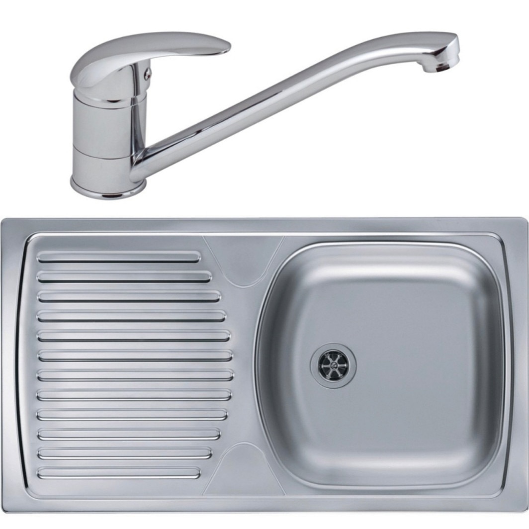 Set chiuveta bucatarie inox leinen Alveus Basic 170 cuva pe dreapta 78 x 43.5 cm si baterie cromata