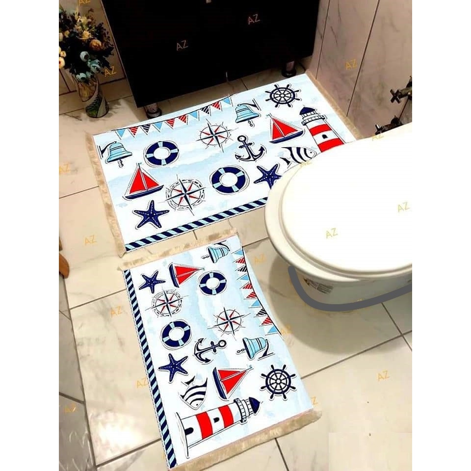 Set covorase baie 2 piese mediu, 100% polipropilena, strat antiaderent latex, dimensiuni 60x100 cm si 50x60 cm, Nautical style