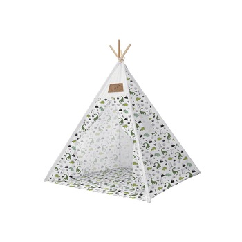 Set cort pentru copii, Teepee Montessori 165x120x120, model in stil indian, imprimeu cu dinozauri si hipopotami, in nuante de alb Set cort pentru copii, Teepee Montessori 165x120x120, model in stil indian, imprimeu cu dinozauri si hipopotami, in nuante de alb