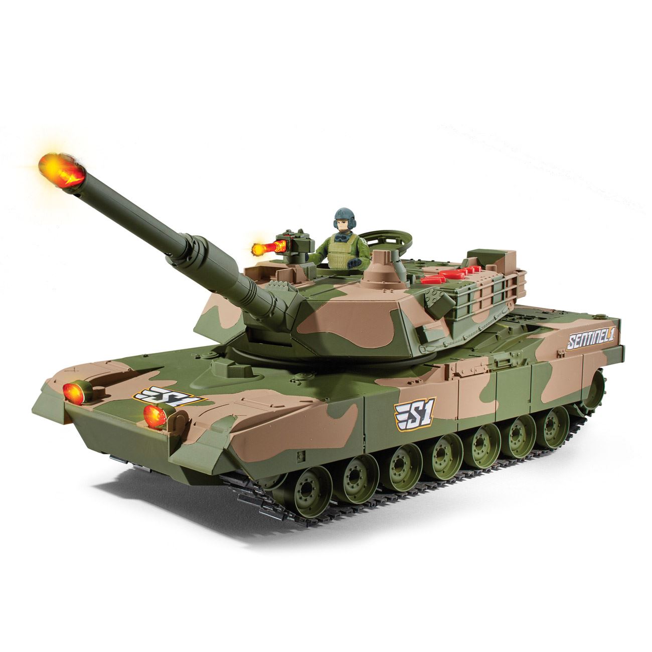 Set militar cu tanc, are miscare motorizata inainte si inapoi, rotatie de 180 °, orificiu care urca si coboara, lumini si sunet, plus un soldat, ATS