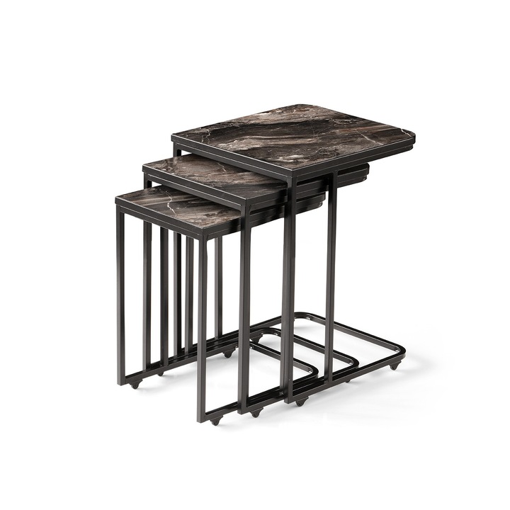 Set 3 masute de cafea Zigon 45x41x59cm desen marmura neagra picioare negre