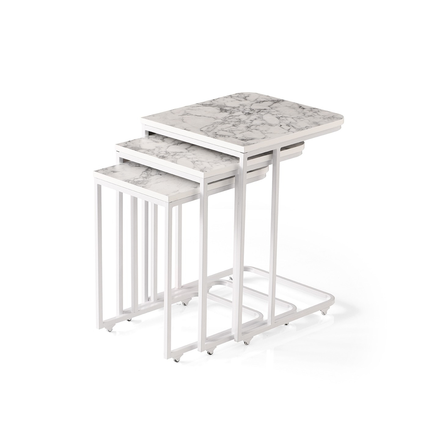 Set 3 masute de cafea Zigon 45x41x59cm desen marmura alba picioare albe