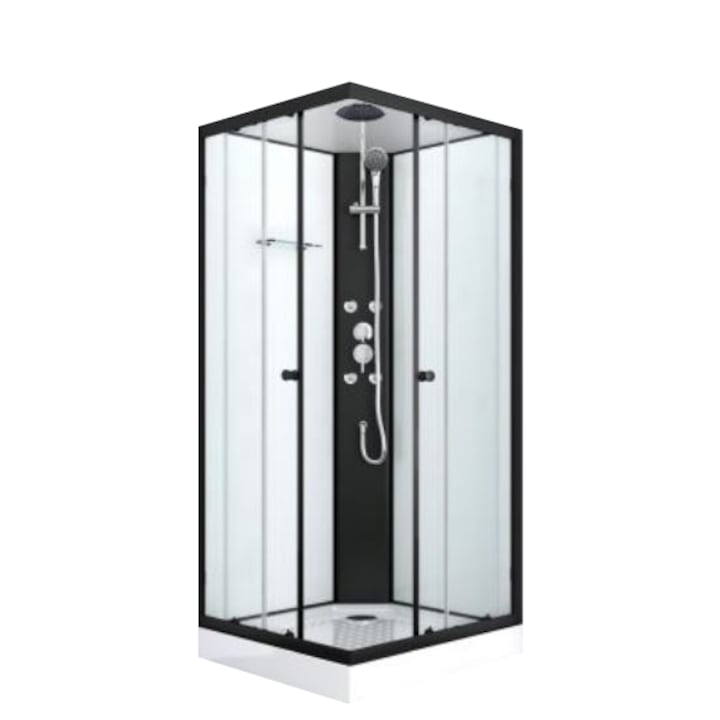 Sanotechnik PS18B STIL 2 komplett szögletes hidromasszázs zuhanykabin, 4 fúvóka, kézi és fejzuhany, 90x90x225cm, fekete