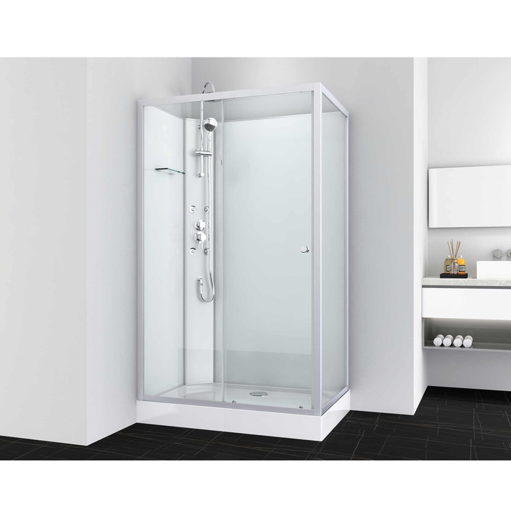 Sanotechnik PS19 VIVA 2 komplett asszimetrikus hidromasszázs zuhanykabin, 4 fúvóka, kézi és fejzuhany, 80x120x225cm, króm
