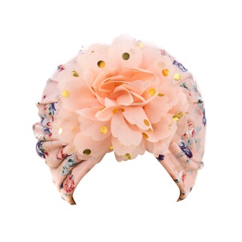 Turban pentru bebelusi cu floricele, 3-6 luni, Corai Turban pentru bebelusi cu floricele, 3-6 luni, Corai