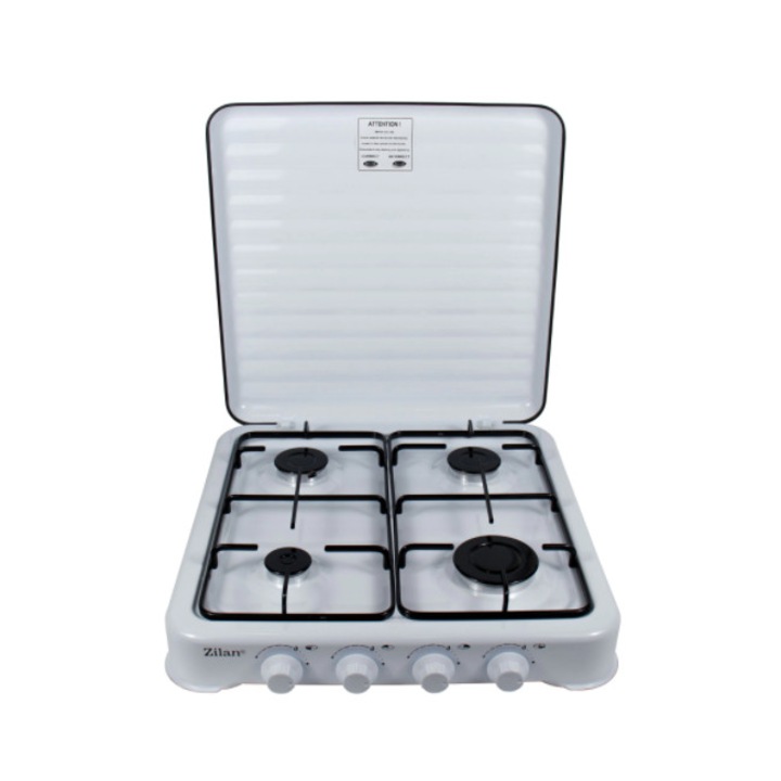 Котлон с 4 зони за готвене, с капак, емайлиран, газов кран с предпазител, LPG, мощност 2300/1600/1600/900W, 0.380 kg/h, 30 mbar, бяла