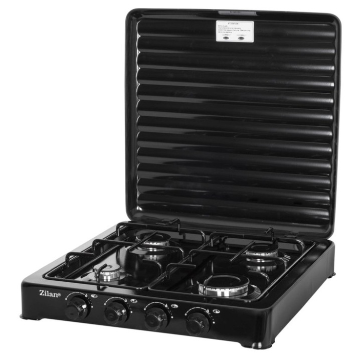 Arzator Cu 4 Ochiuri, Tip Plita, Cu Capac, Tabla Emailata, Robinet De Gaz Cu Siguranta, Gpl, Putere 2300/1600/1600/900w, 0,380 Kg/h, 30 Mbar, Negru