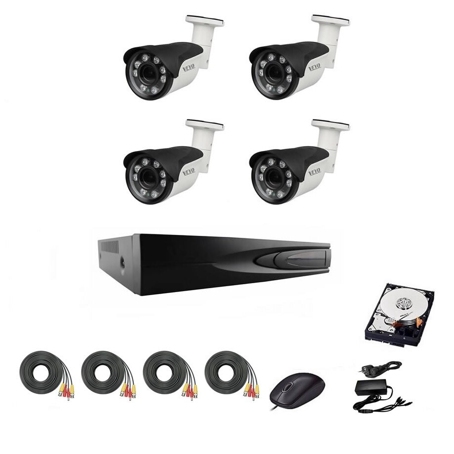 Sistem de supraveghere exterior complet, 5MP, IR 40 M, 4 camere, cabluri mufate