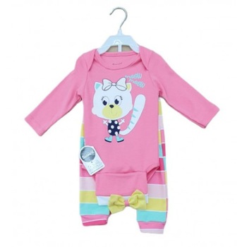 Set bebe 3 piese - pantaloni, body, caciulita, Miniworld, Pink Meow, 68cm Set bebe 3 piese - pantaloni, body, caciulita, Miniworld, Pink Meow, 68cm