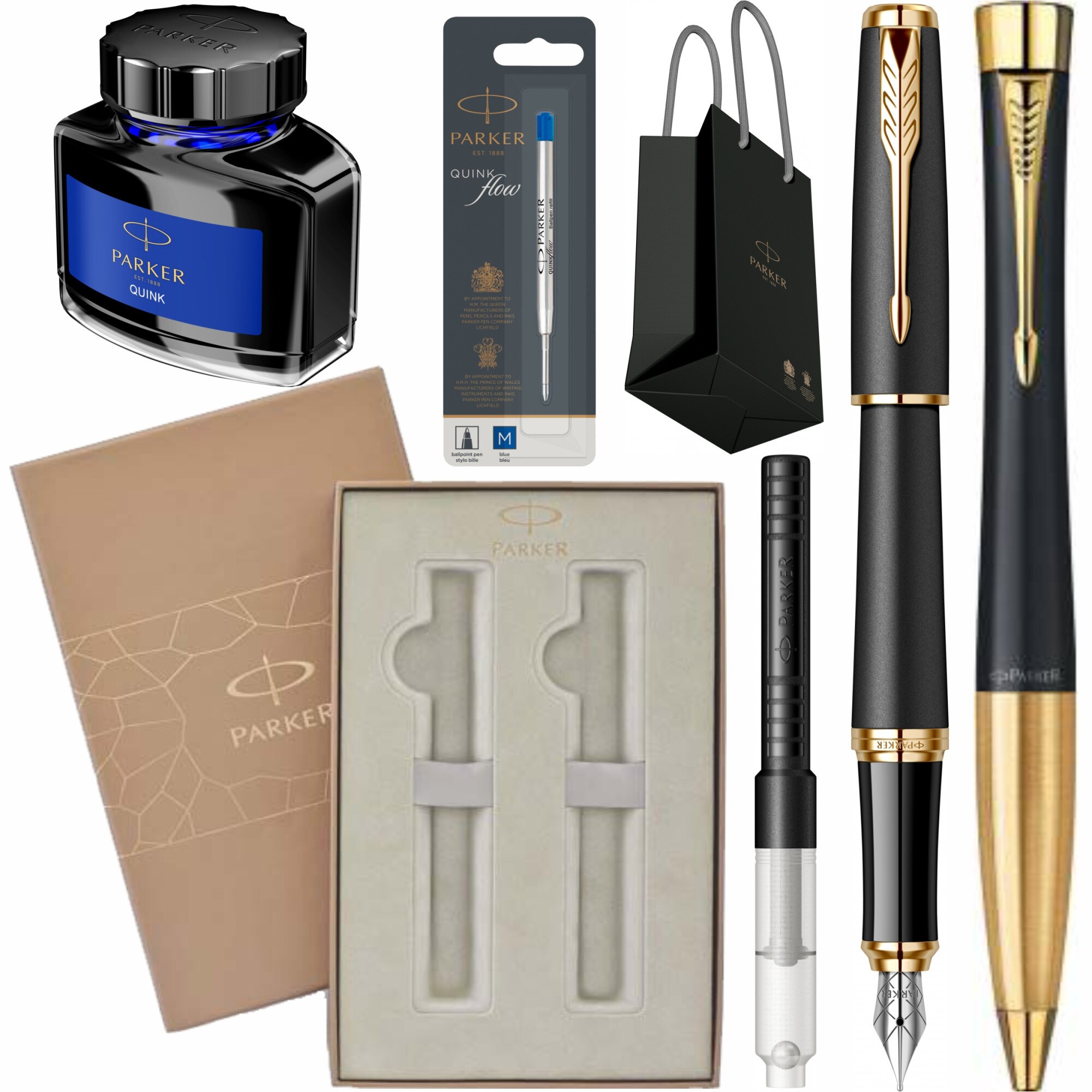 Set Parker Stilou Pix Urban Muted Black GT Personalizat prin Gravura Laser cu rezerva mina pix, convertor, calimara cerneala, cutie Premium Duo si punga