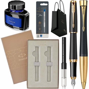 Set Parker Stilou Pix Urban Muted Black GT Personalizat prin Gravura Laser cu rezerva mina pix, convertor, calimara cerneala, cutie Premium Duo si punga Set Parker Stilou Pix Urban Muted Black GT Personalizat prin Gravura Laser cu rezerva mina pix, convertor, calimara cerneala, cutie Premium Duo si punga