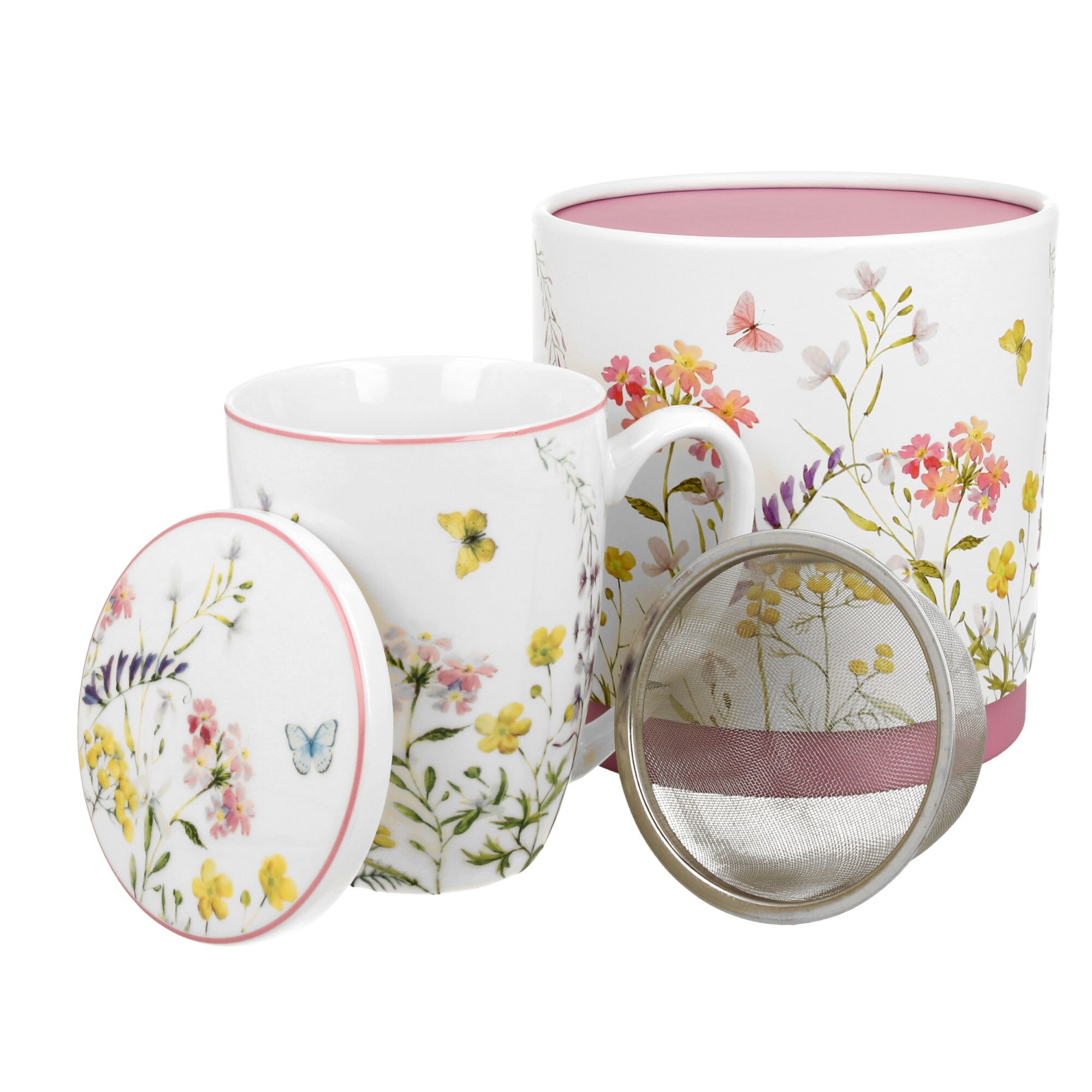 Cana, Duo Flower Alice, Alb, 420 ml, Portelanat, cu infuzor, cu capac