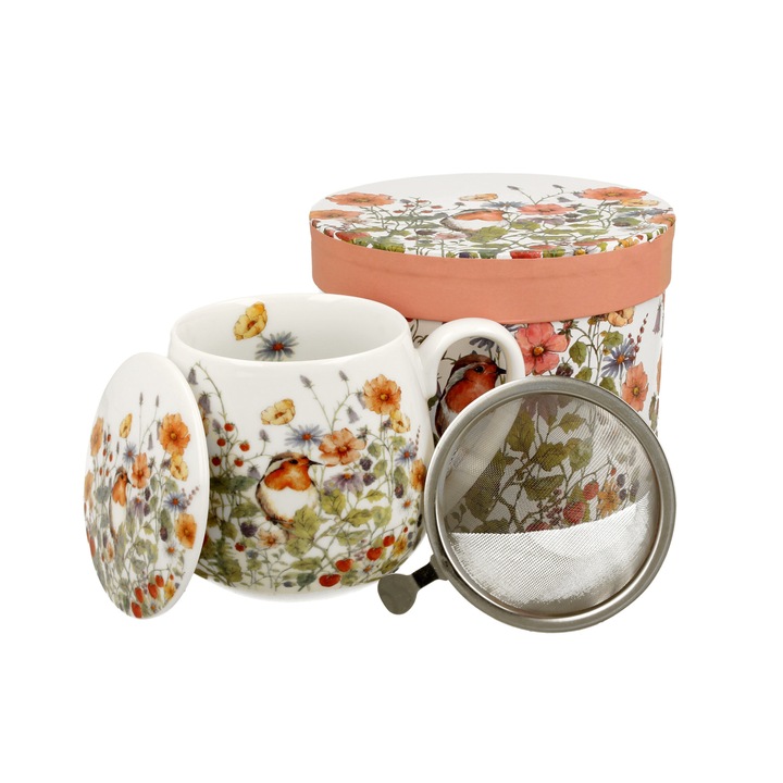 Cana, Duo Wild Birds, Alb, 430 ml, Portelanat, cu infuzor, cu capac