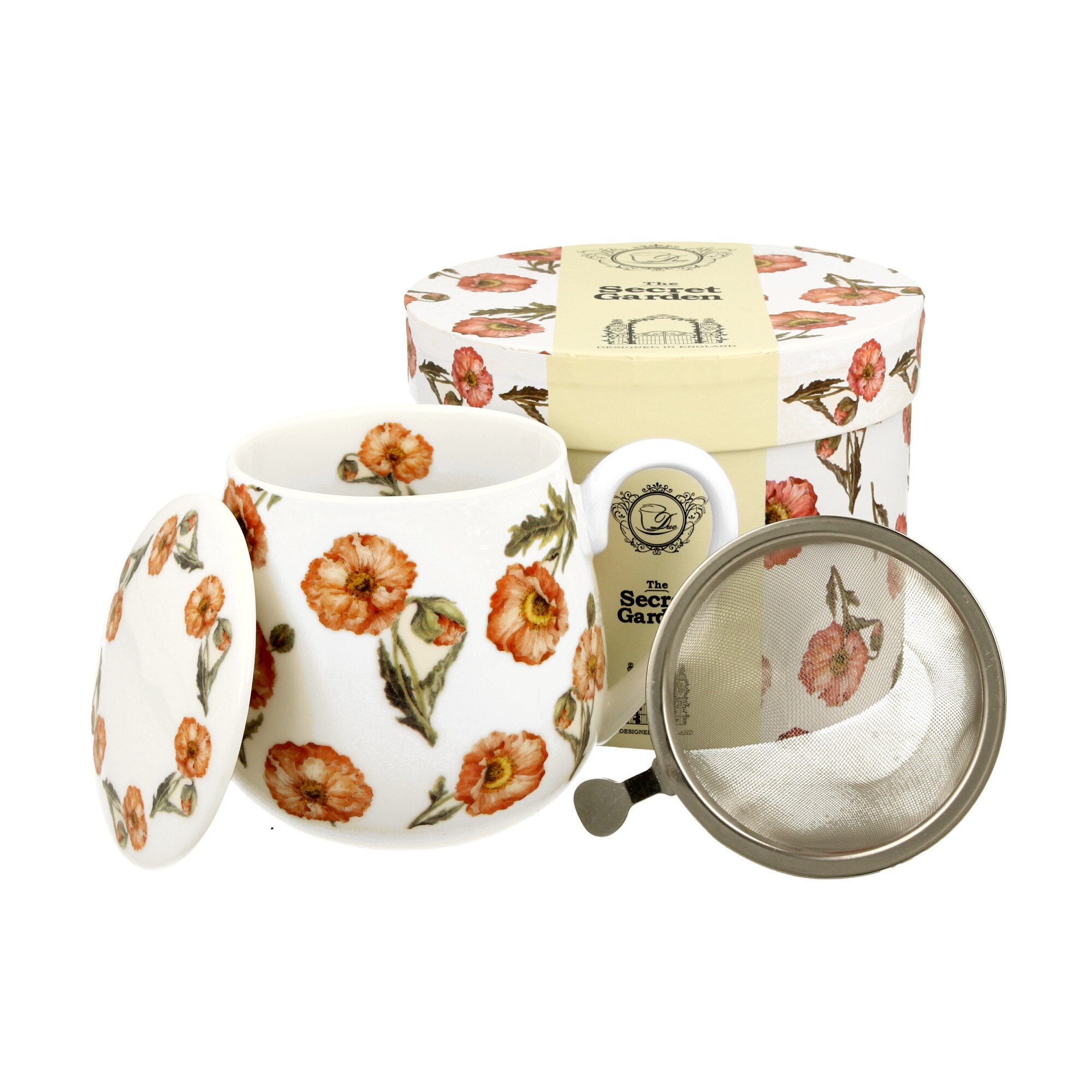 Cana, Duo Wild Poppies, Alb, 430 ml, Portelanat, cu infuzor, cu capac