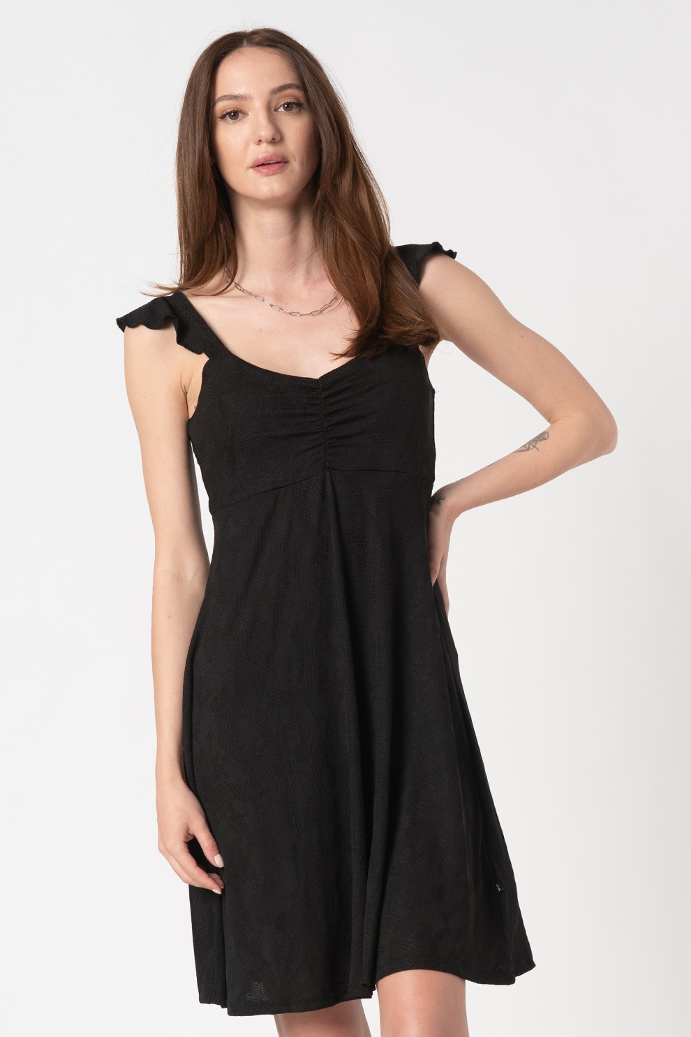 LTB, Rochie mini evazata cu detaliu plisat Segada, Negru