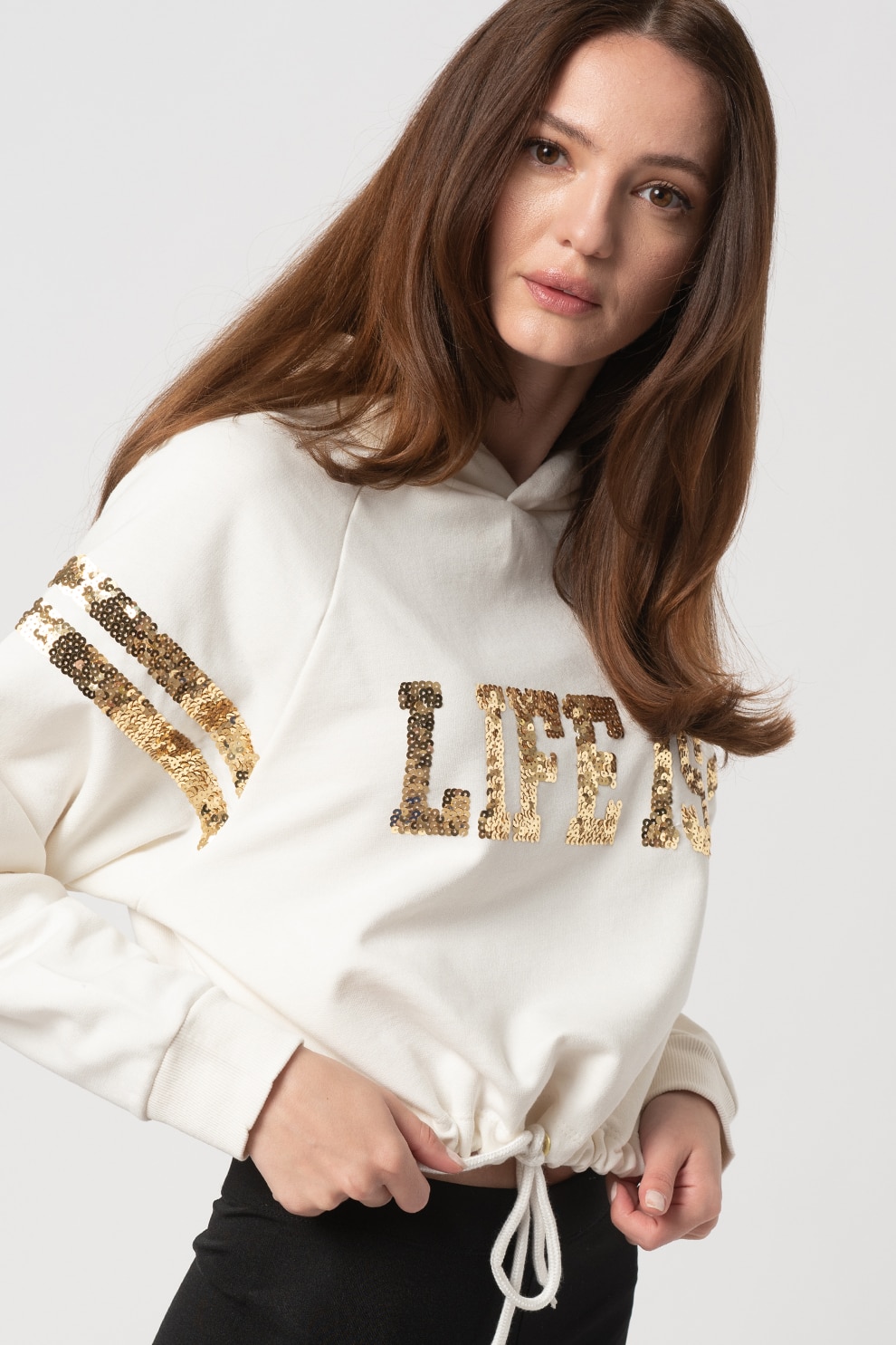 LTB, Hanorac crop cu paiete Zibati, Alb prafuit, XL