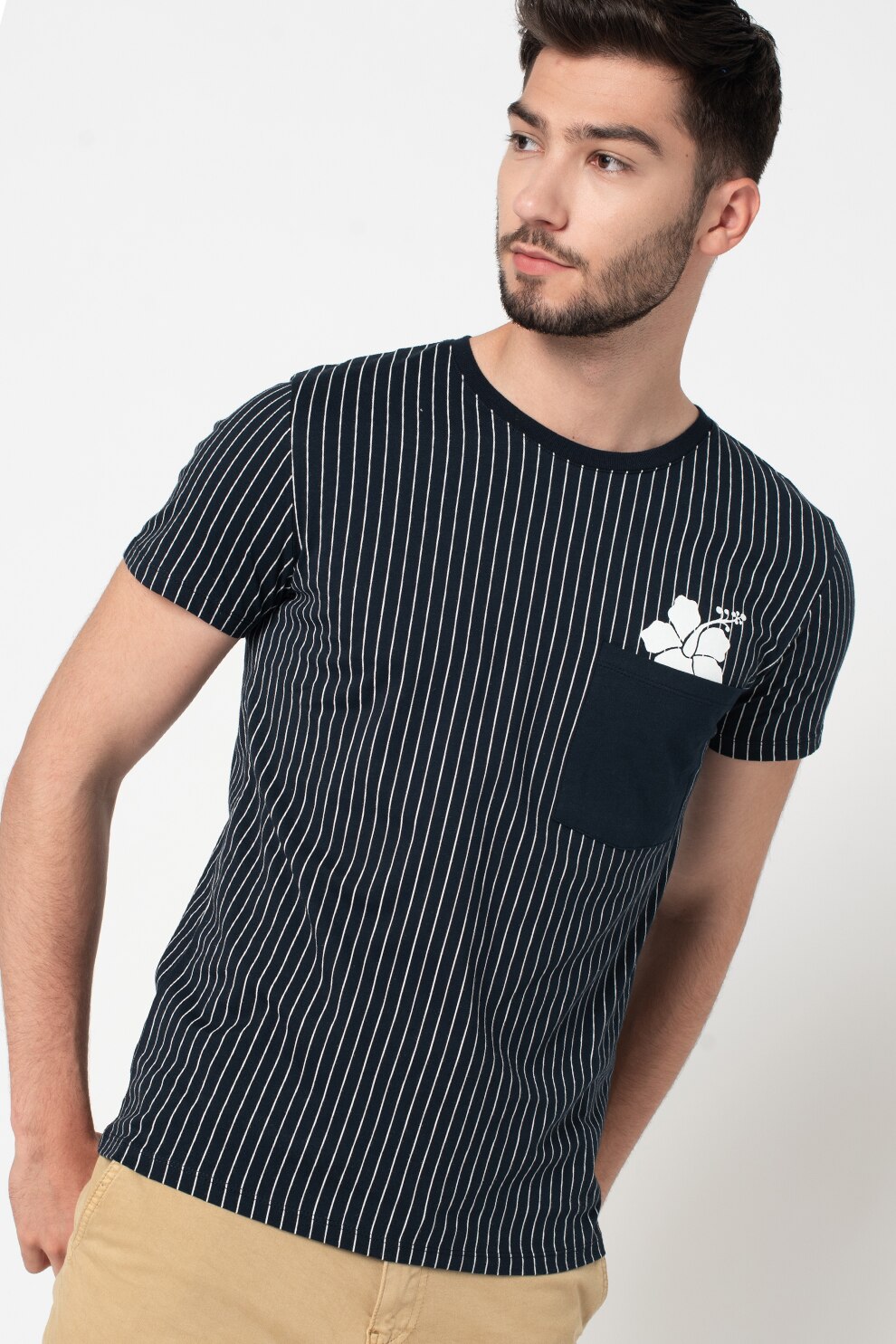 LTB, Tricou in dungi cu buzunar aplicat pe piept Noyico, Bleumarin, 2XL