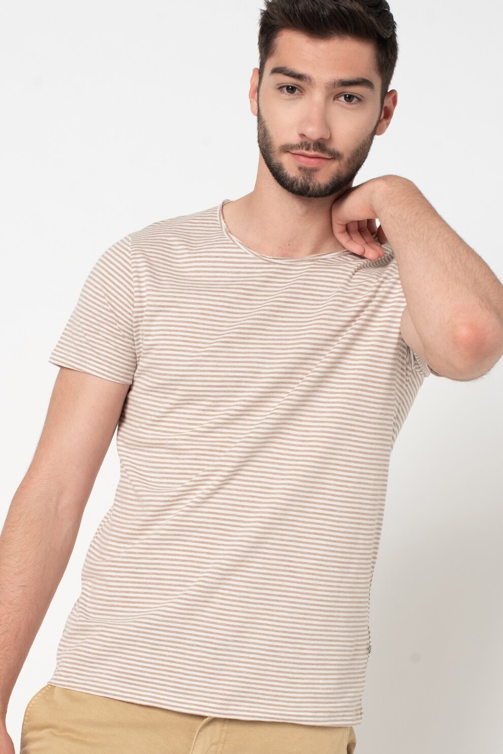 LTB, Tricou cu decolteu rotund si dungi Remibo, Maro taupe/Alb prafuit, XL