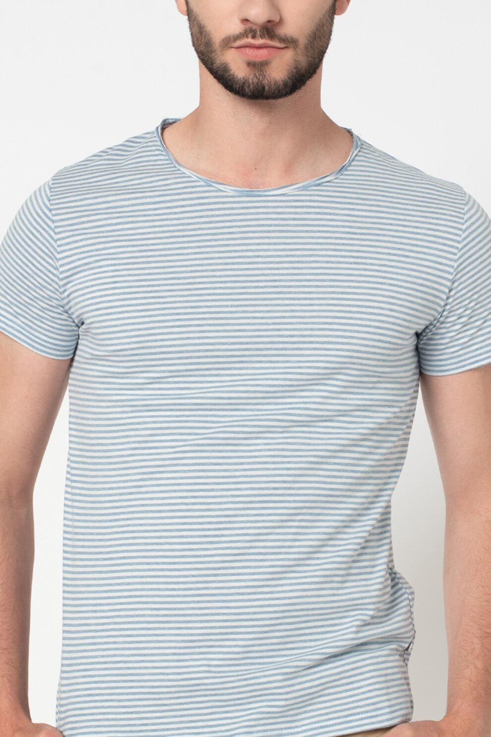 LTB, Tricou cu decolteu rotund si dungi Remibo, Bleu/Alb, XL