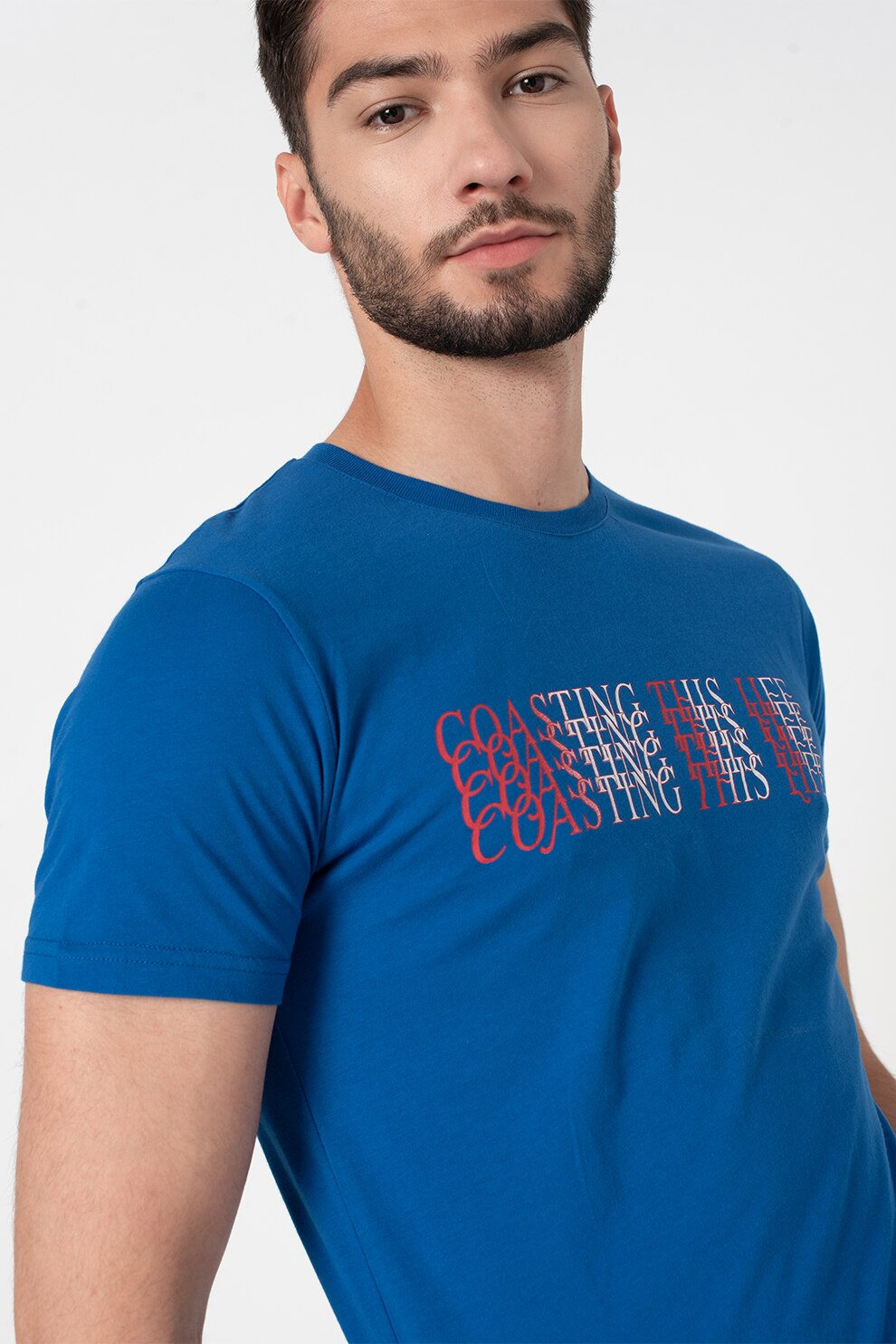 LTB, Tricou de bumbac cu imprimeu text Meyika, Albastru