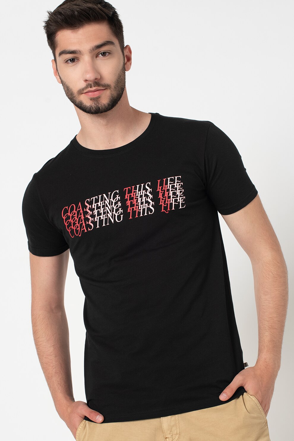 LTB, Tricou de bumbac cu imprimeu text Meyika, Negru