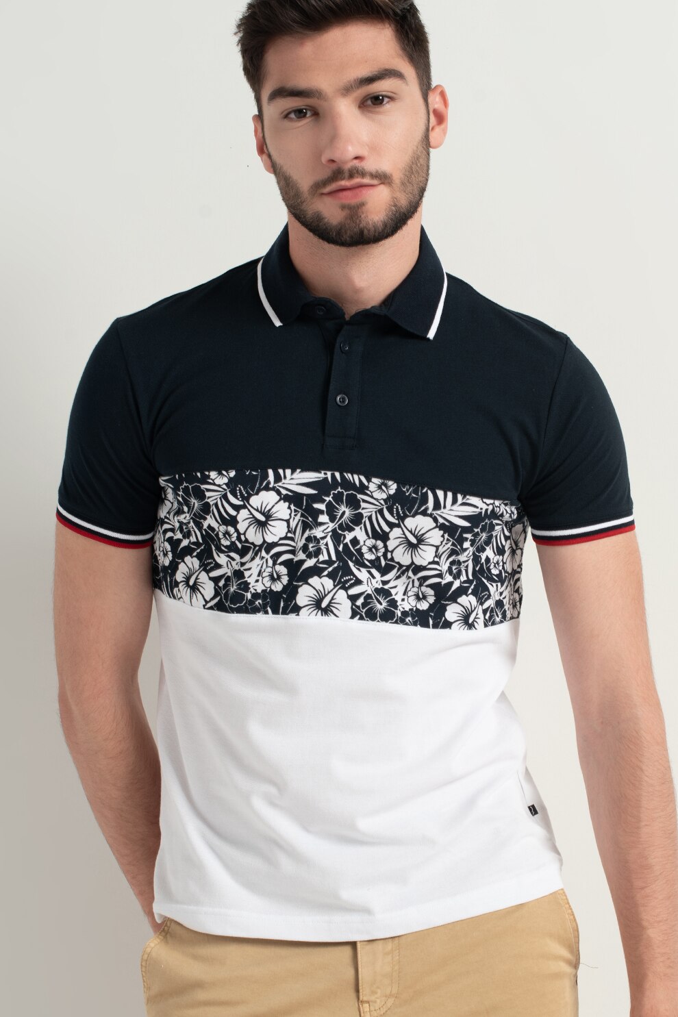 LTB, Tricou polo colorblock Misoce, Alb/Bleumarin