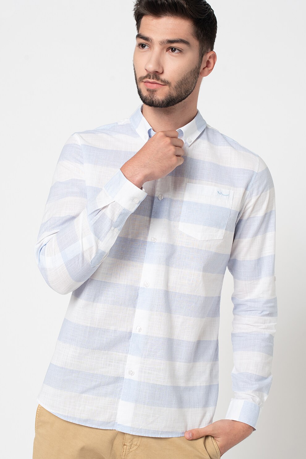 LTB, Camasa in dungi cu guler fixat cu nasturi Koyefi, Bleu/Alb