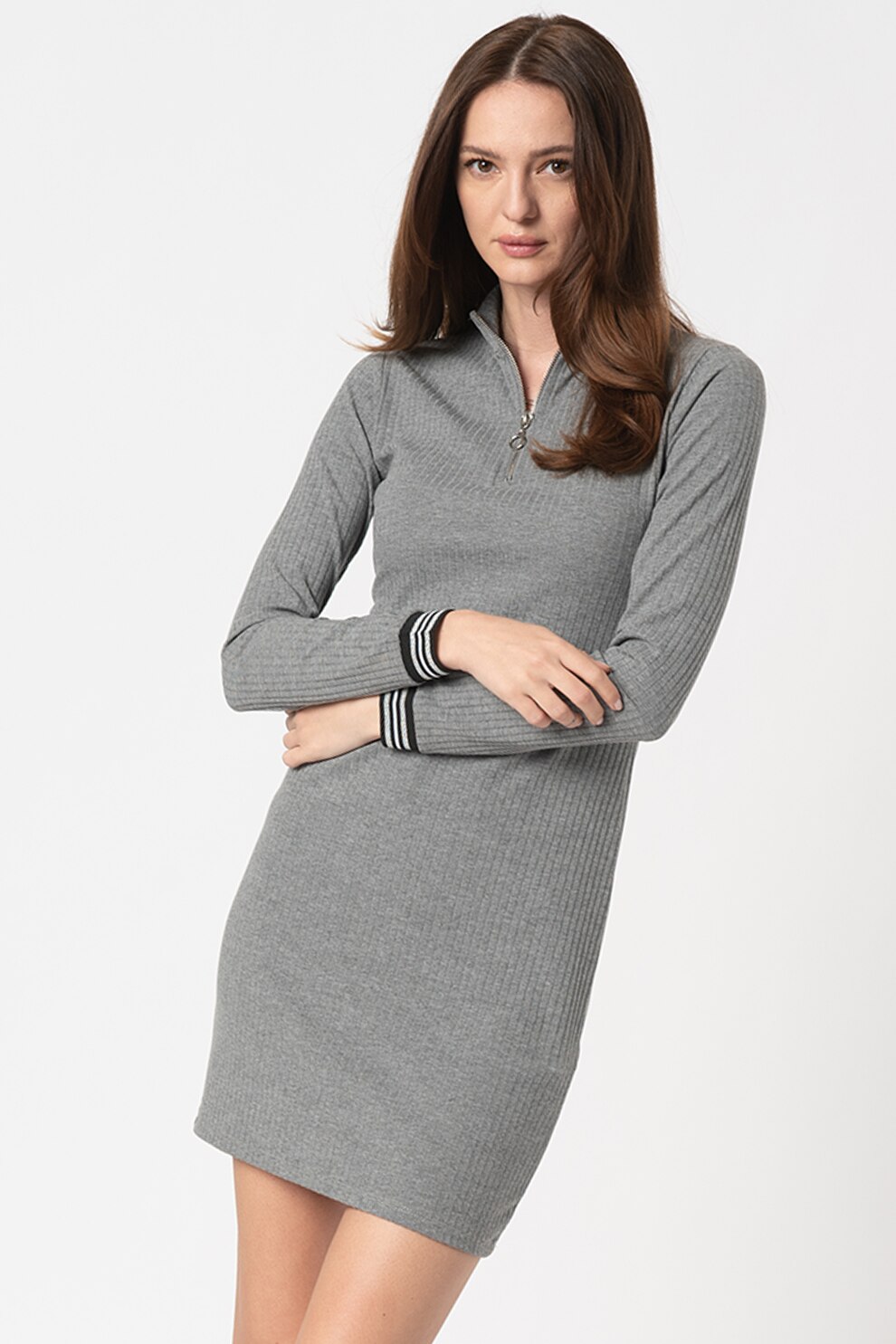 LTB, Rochie mini cu fenta cu fermoar Talaco, Gri melange