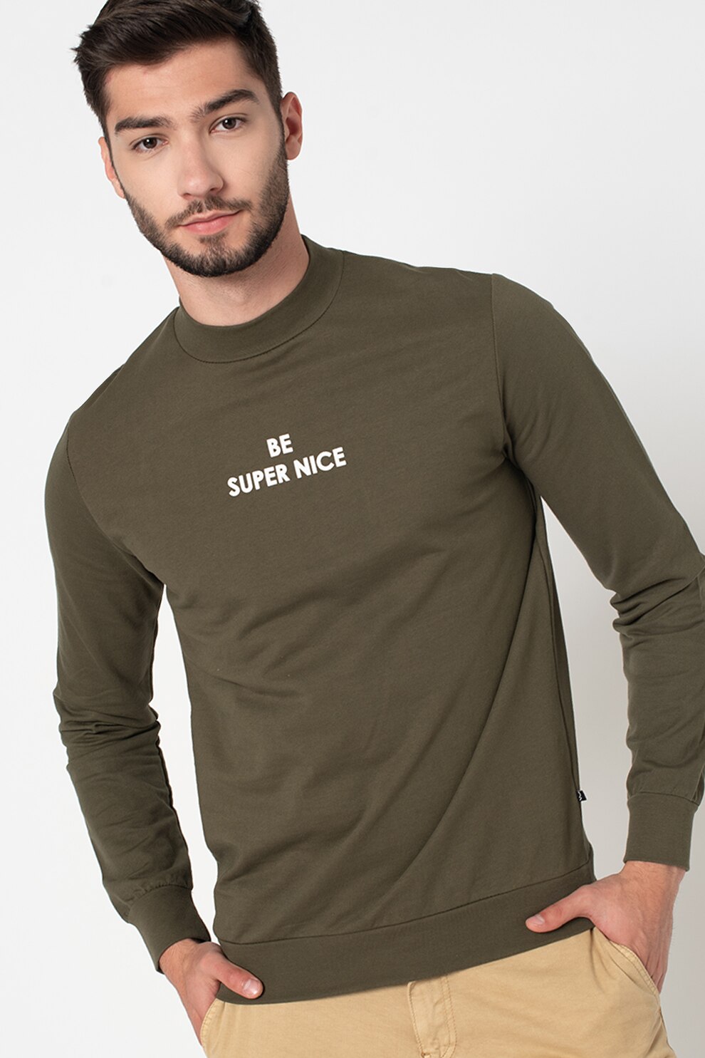 LTB, Bluza sport de bumbac cu decolteu la baza gatului Zociba, Verde oliv