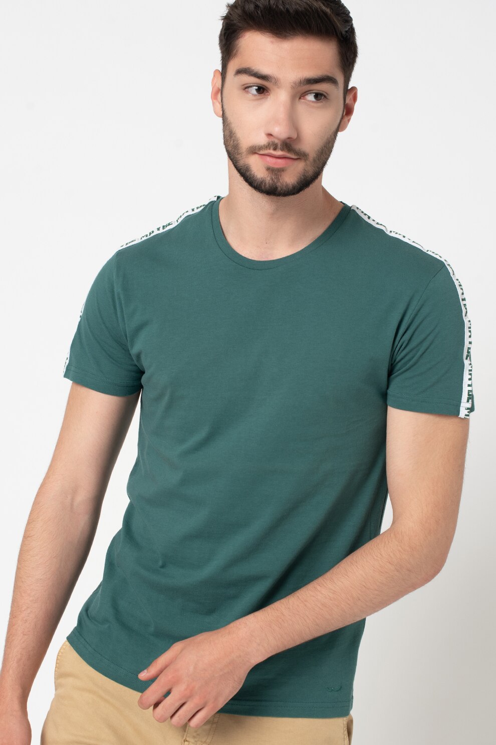 LTB, Tricou cu decolteu la baza gatului si imprimeu text Sabose, Verde englez
