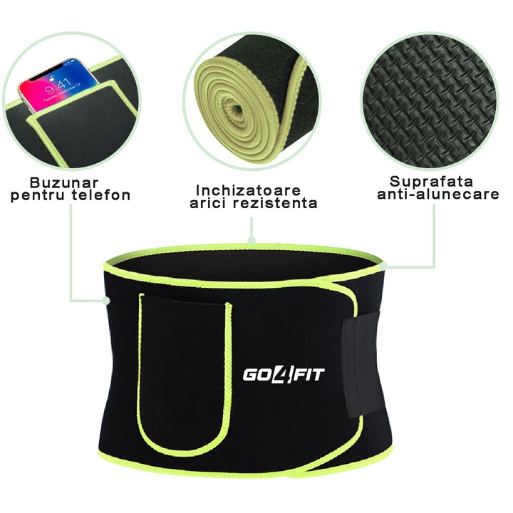 Centura de slabit, GO4FIT, pentru fitness, modelarea corpului, cu buzunar pentru telefon, verde, marimea L
