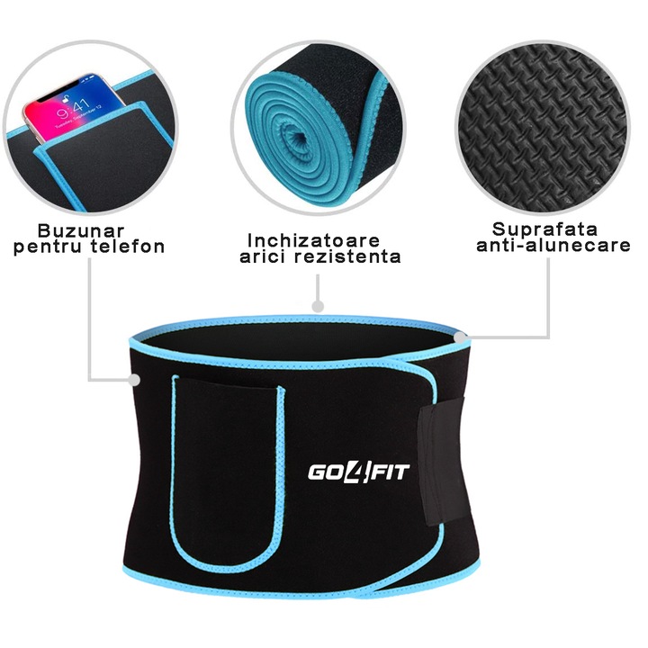 Centura de slabit, GO4FIT, pentru fitness, modelarea corpului, cu buzunar pentru telefon, albastra, marimea S