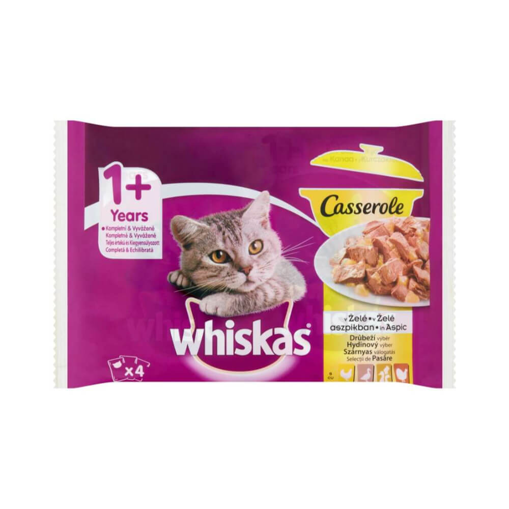 Set Patru Plicuri Hrana Umeda pentru Pisici WHISKAS Casserole, Selectii Carne de Pasare, 85 g