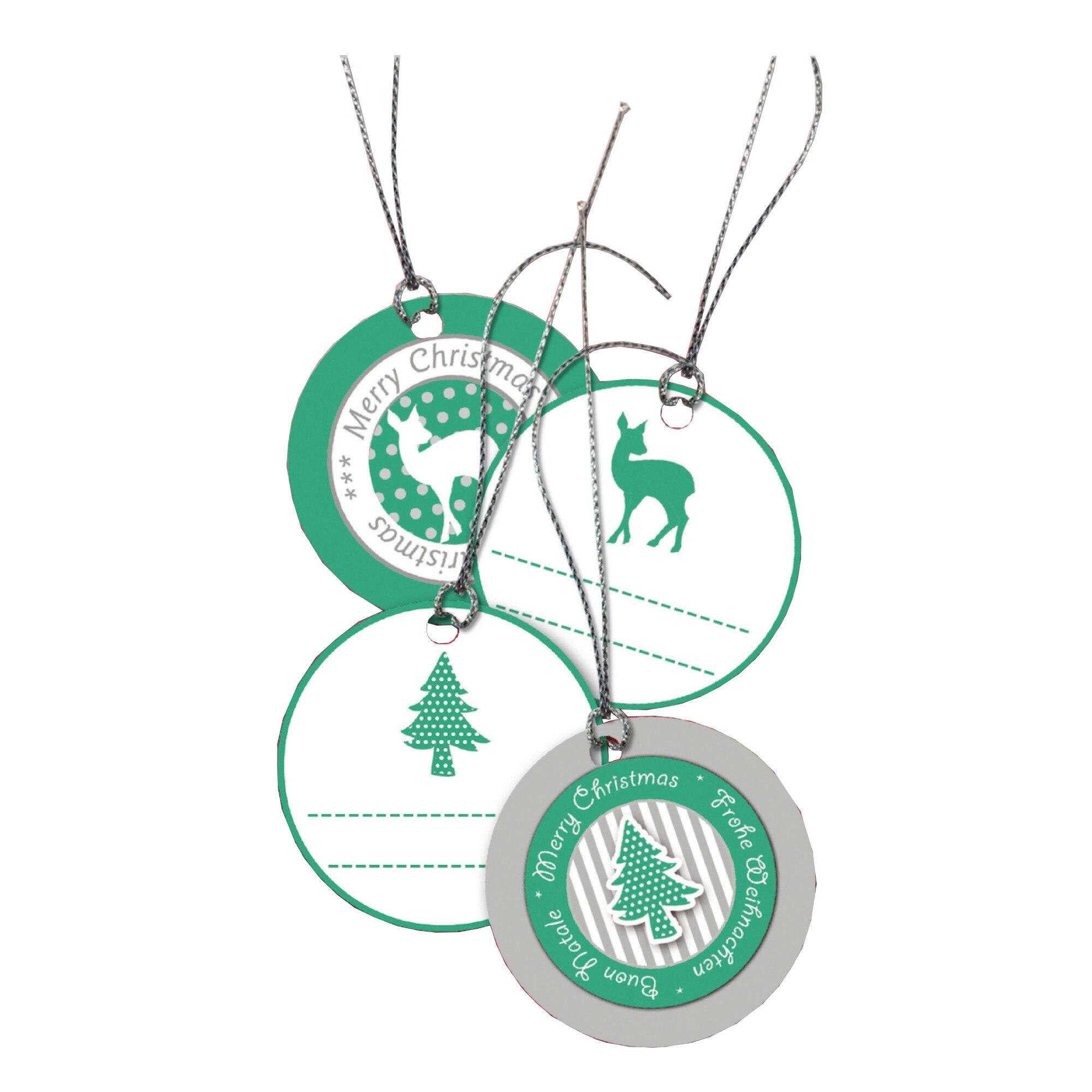 Set 4 buc etichete pentru cadouri de Craciun, verde/argintiu, 3D, 8x4 cm, HERMA, H15278