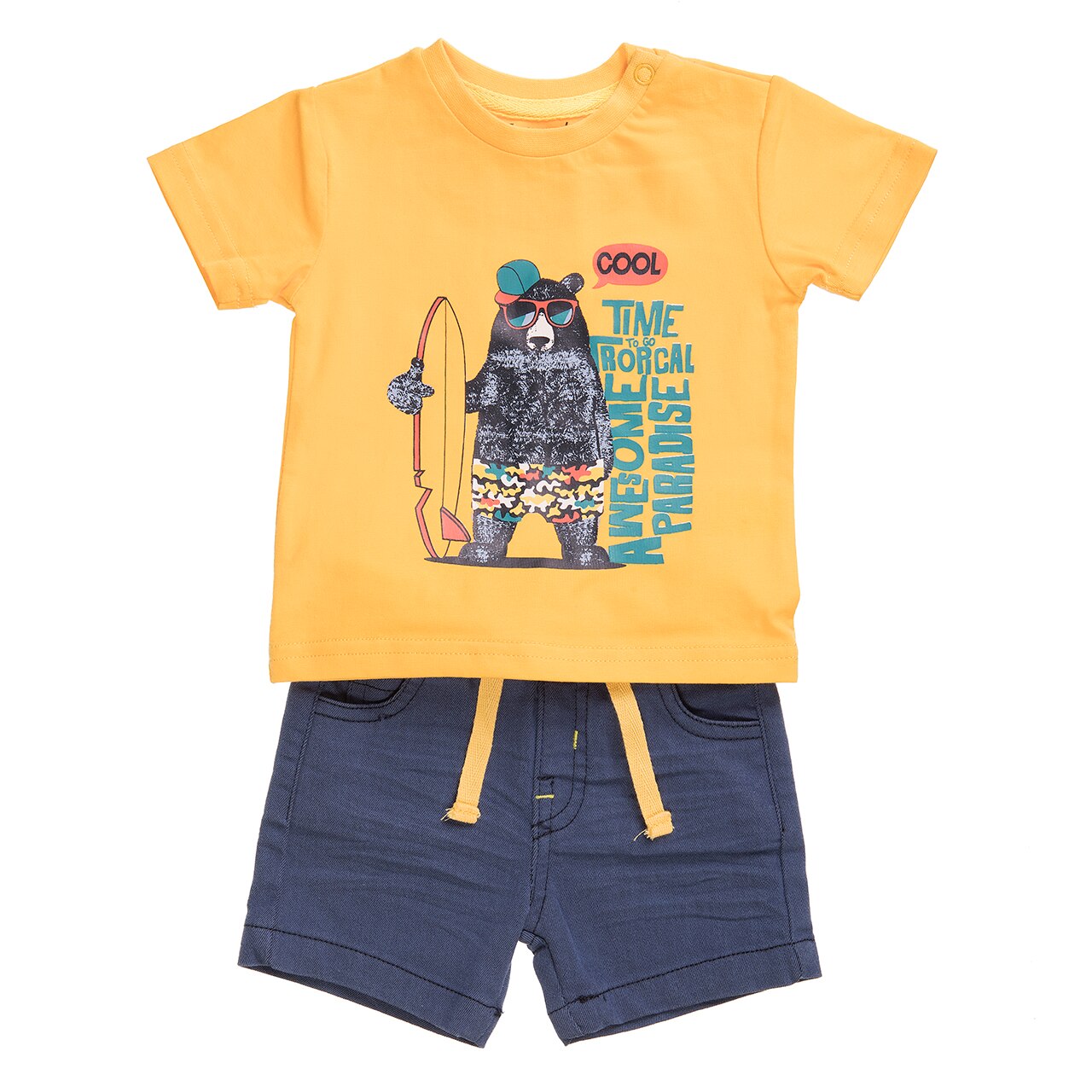 Set 2 piese Babybol baiat, tricou galben maneca scurta si pantalon scurt, galben/bleumarin, Galben/Bleumarin