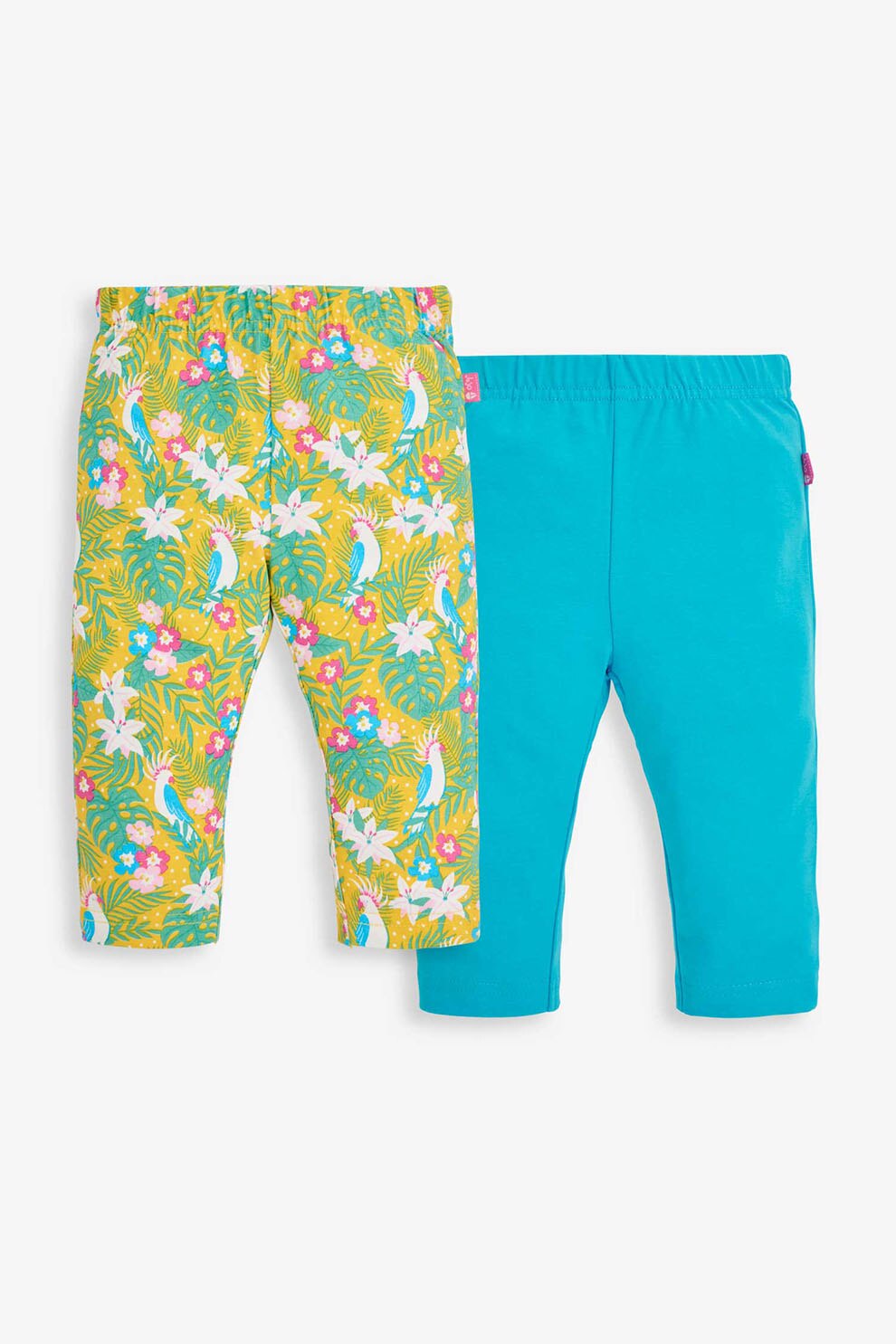 JoJo Maman Bebe, Set 2 perechi de colanti, fete, uni si cu imprimeu tropical, Galben/Verde/Albastru aqua, Galben/Verde/Albastru aqua, 78 CM
