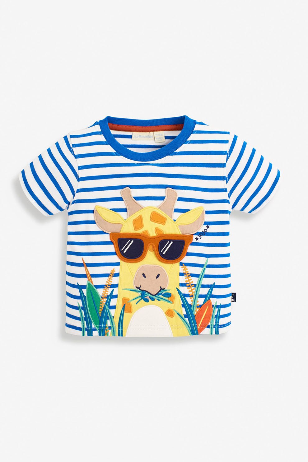 JoJo Maman Bebe, Tricou cu aplicatie girafa interactiva, Alb/Albastru/Galben, 104 CM