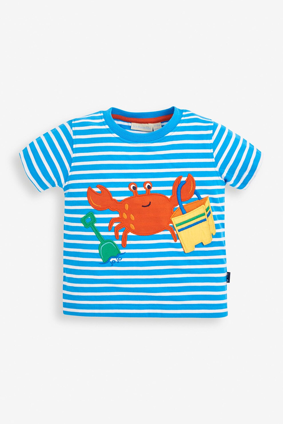 JoJo Maman Bebe, Tricou cu aplicatie crab interactiva, Bleu/Alb/Oranj