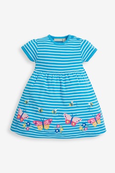 JoJo Maman Bebe, Rochie de bumbac cu dungi si fluturi, Turcoaz/Alb, 78 CM JoJo Maman Bebe, Rochie de bumbac cu dungi si fluturi, Turcoaz/Alb, 78 CM