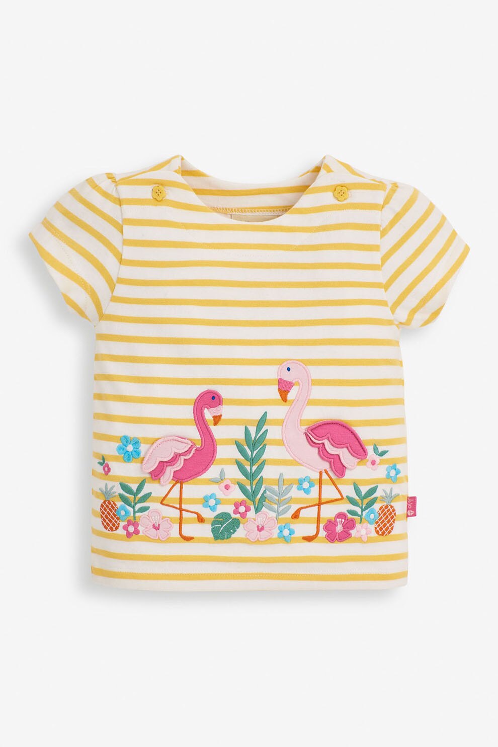 JoJo Maman Bebe, Tricou de bumbac cu dungi si flamingo, Galben/Roz/Verde