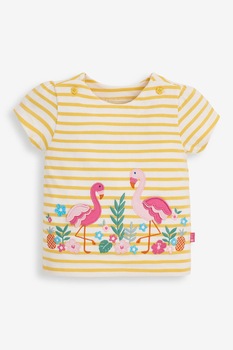 JoJo Maman Bebe, Tricou de bumbac cu dungi si flamingo, Galben/Roz/Verde JoJo Maman Bebe, Tricou de bumbac cu dungi si flamingo, Galben/Roz/Verde
