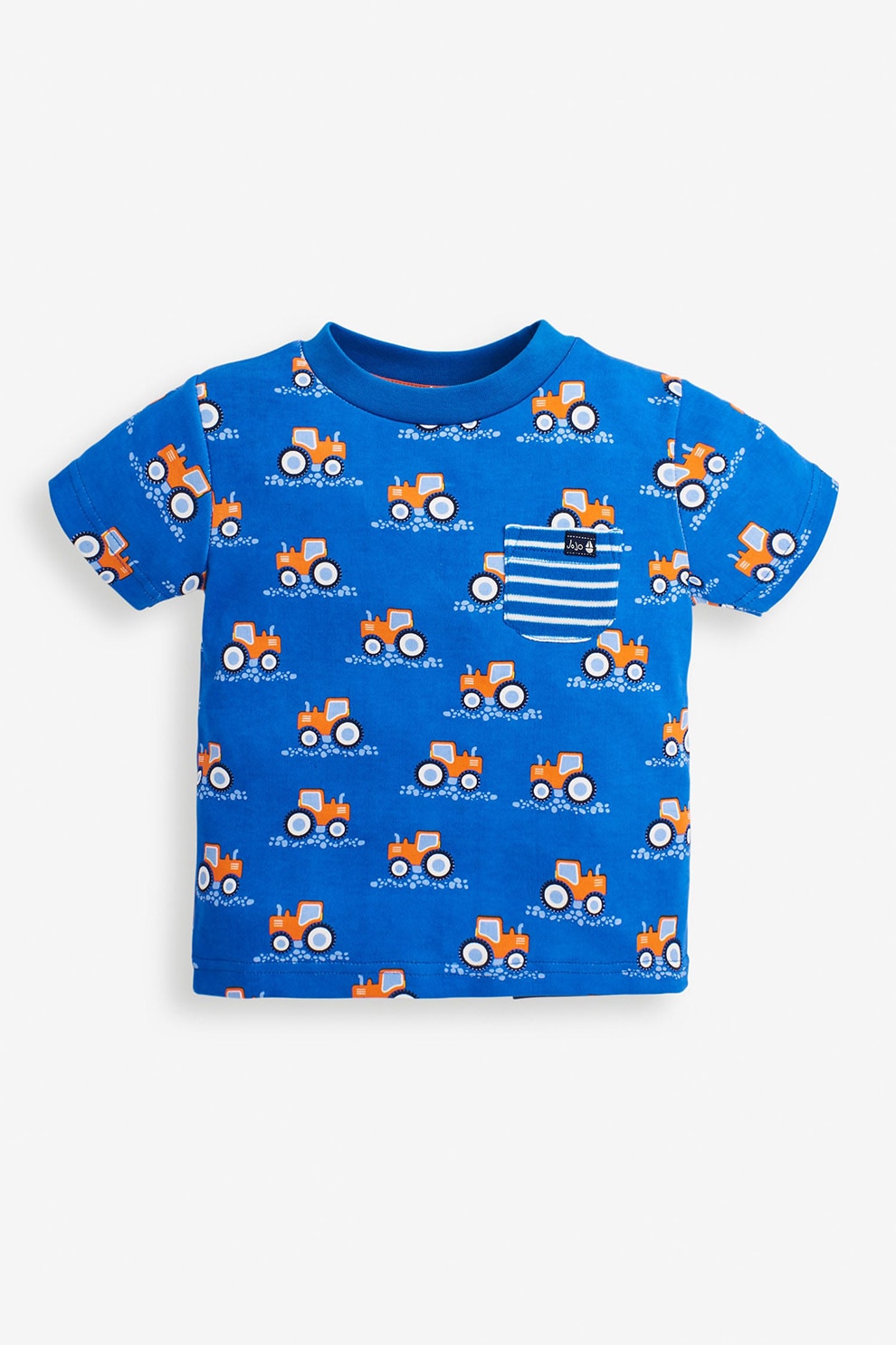 JoJo Maman Bebe, Tricou de bumbac cu imprimeu cu tractoare, Albastru royal/Alb/Oranj