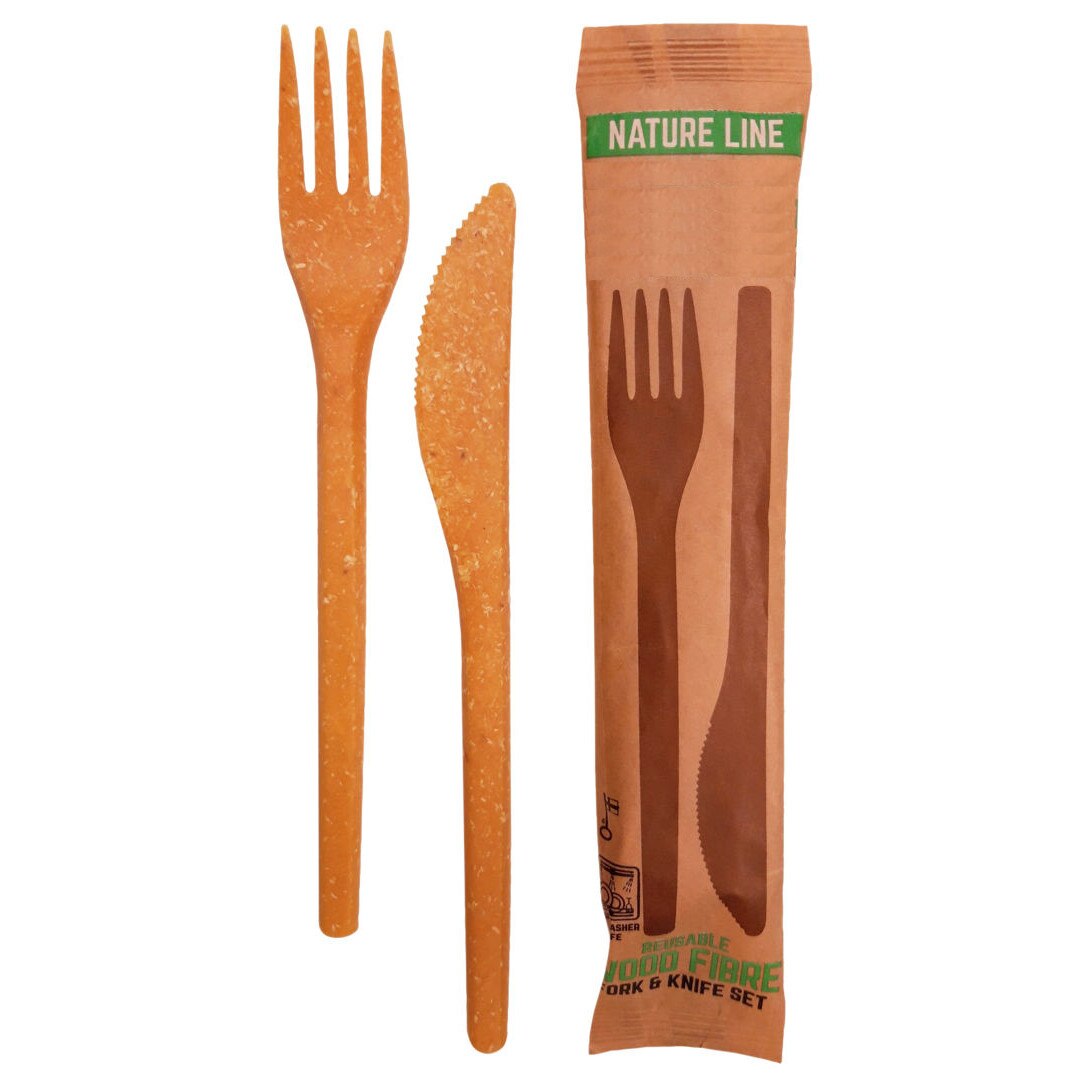 Set tacamuri din fibre de lemn, furculita si cutit, 17 cm, reutilizabile, ambalate individual in hartie reciclabila, 50 bucati, Nature Line - Bioco