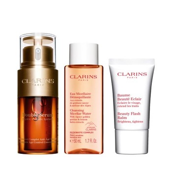 Set ser pentru fata Clarins Double Serum 30 ml, apa micelara 50 ml, beauty flash balm 15 ml Set ser pentru fata Clarins Double Serum 30 ml, apa micelara 50 ml, beauty flash balm 15 ml