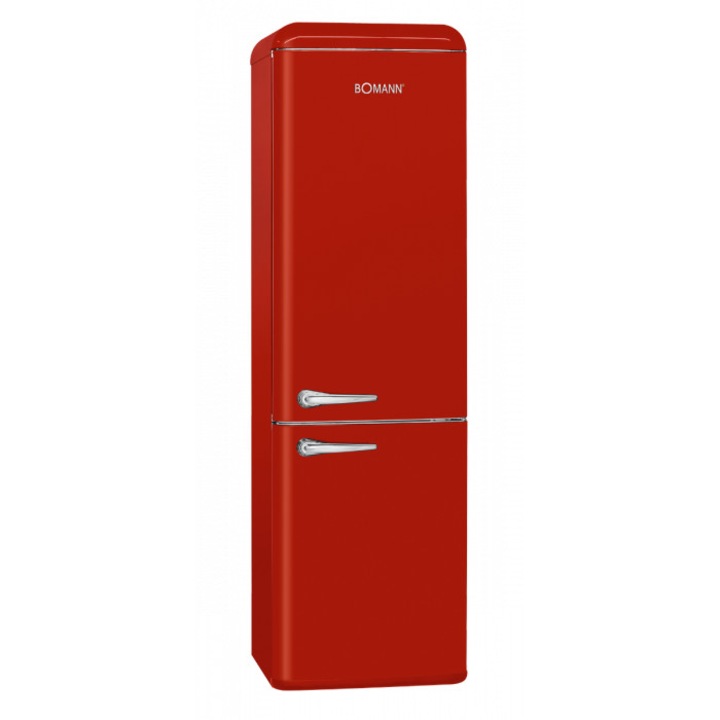 Ретро хладилник Bomann, KGR 7328.1, фризер 64 л, Н 188,5 см, обем 250 литра, LED вътрешно осветление, автоматично размразяване, ниска консумация, 2 отделения, 4 рафта, поставка за бутилка, червен