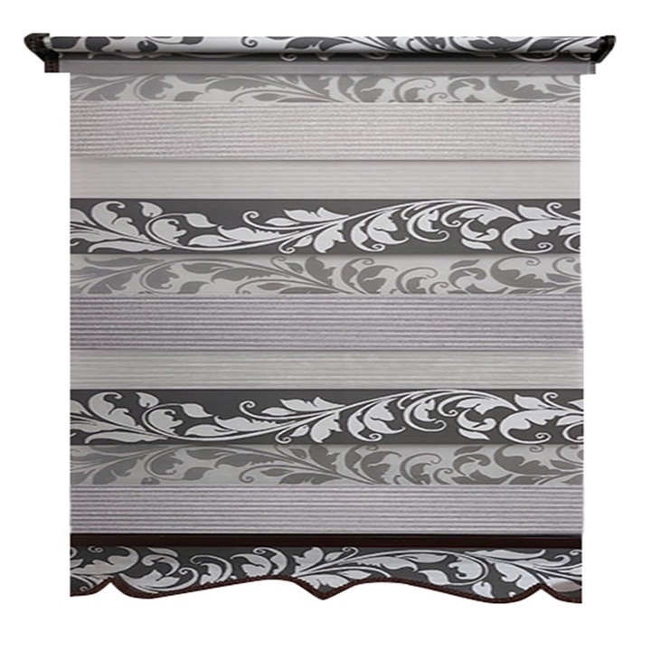Jaluzea tip Rulou textil MAXI cu Terminatie Decorativa, Deko Design, Rolete Zebra Day & Night Luxury High Quality, 160x280cm, ZS5, culoare gri cu model si insertie de slipici, accesorii albe