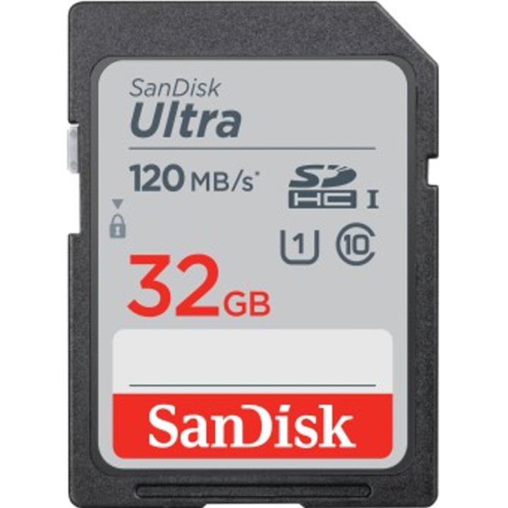 Карта памет, SanDisk, SDHC Ultra, 32 GB, 120 MB/s, UHS-1, клас 10, Черен
