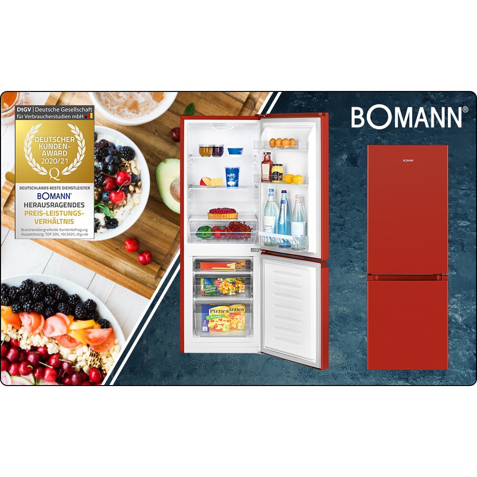 Frigider Bomann, KG 320.2, congelator 53 l, volum 175 litri, H 143 cm, consum redus, silentios, lumina interioara, 2 compartimente, 3 rafturi, suport pentru sticle, decongelare semiautomata, rosu