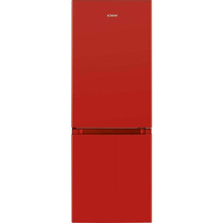 Frigider Bomann, KG 320.2, 175 litri, H 143 cm, consum redus, congelator 53 litri, silentios, lumina interioara, consum redus, 2 compartimente, 3 rafturi, suport pentru sticle, decongelare automata, rosu